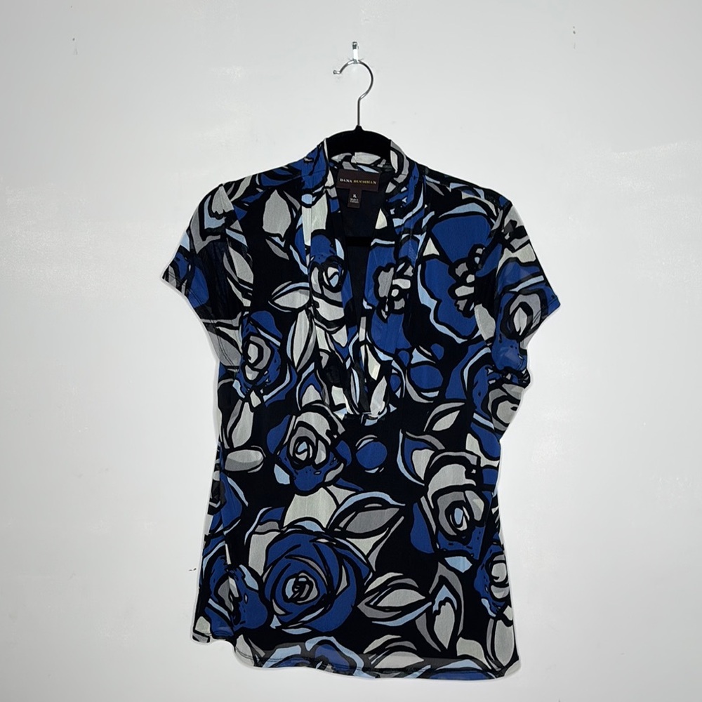 Dana Buchman Blue and Black Floral Blouse